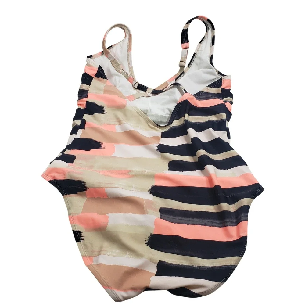 Mynah Women One Piece Swimsuit 20W Pink Black‎ Abstract Stripe